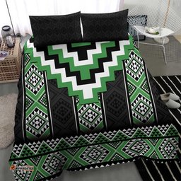 Green Taniko Pattern Aotearoa Bedding Set Niho Taniwha Mix Poutama LT14