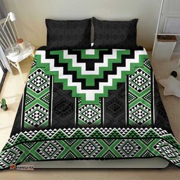 Green Taniko Pattern Aotearoa Bedding Set Niho Taniwha Mix Poutama LT14
