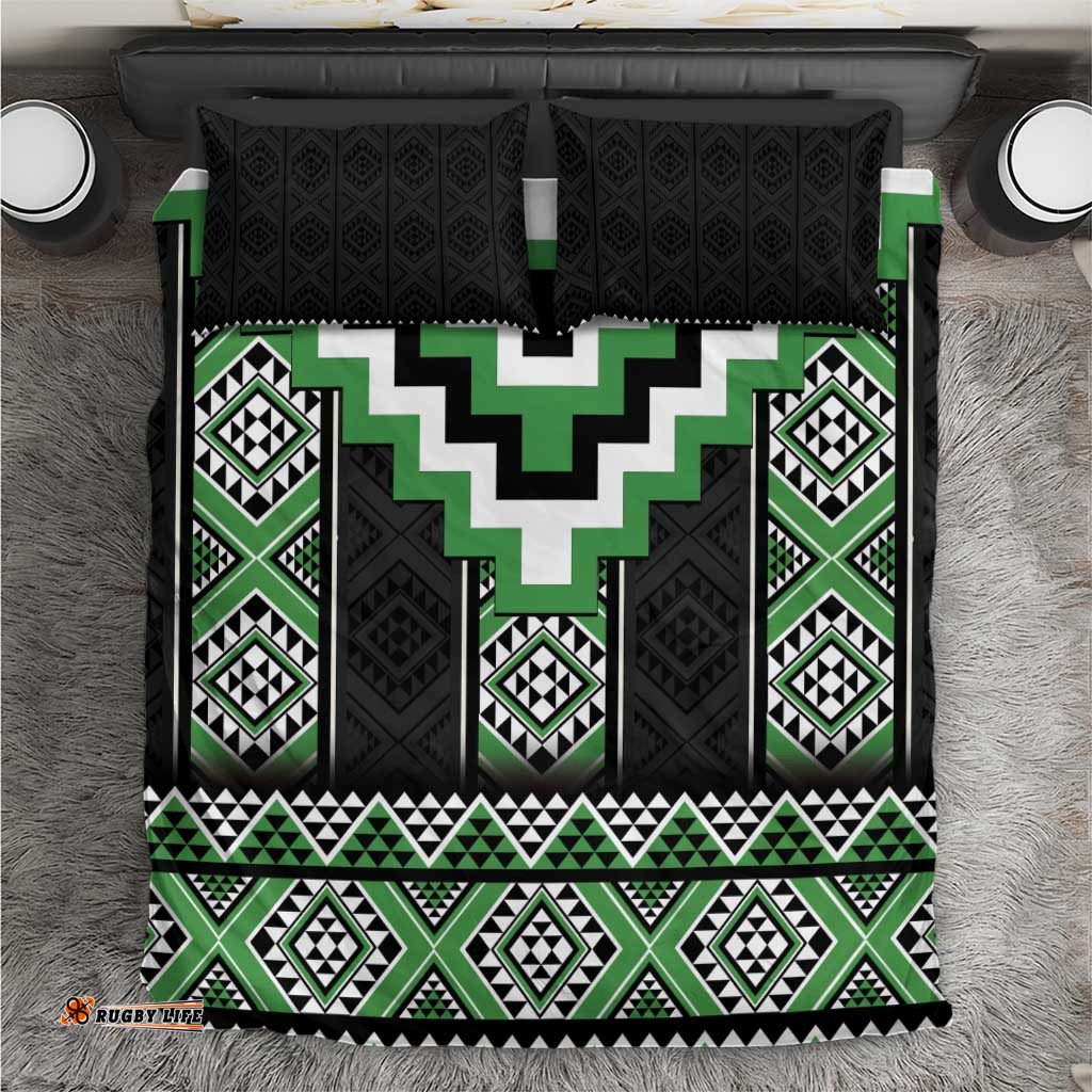 Green Taniko Pattern Aotearoa Bedding Set Niho Taniwha Mix Poutama LT14