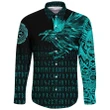 Vikings - Raven Tattoo Style Cyan Long Sleeve Button Shirt A27
