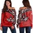 Canada Day Women's Off Shoulder Sweater , Haida Maple Leaf Style Tattoo Red