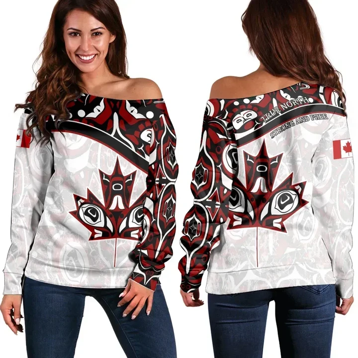 Canada Day Women's Off Shoulder Sweater , Haida Maple Leaf Style Tattoo White