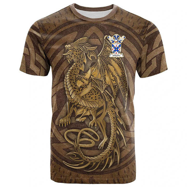 1sttheworld Tee - Malcolm or MacCallum Family Crest T-Shirt - Celtic Vintage Dragon With Knot A7 | 1sttheworld
