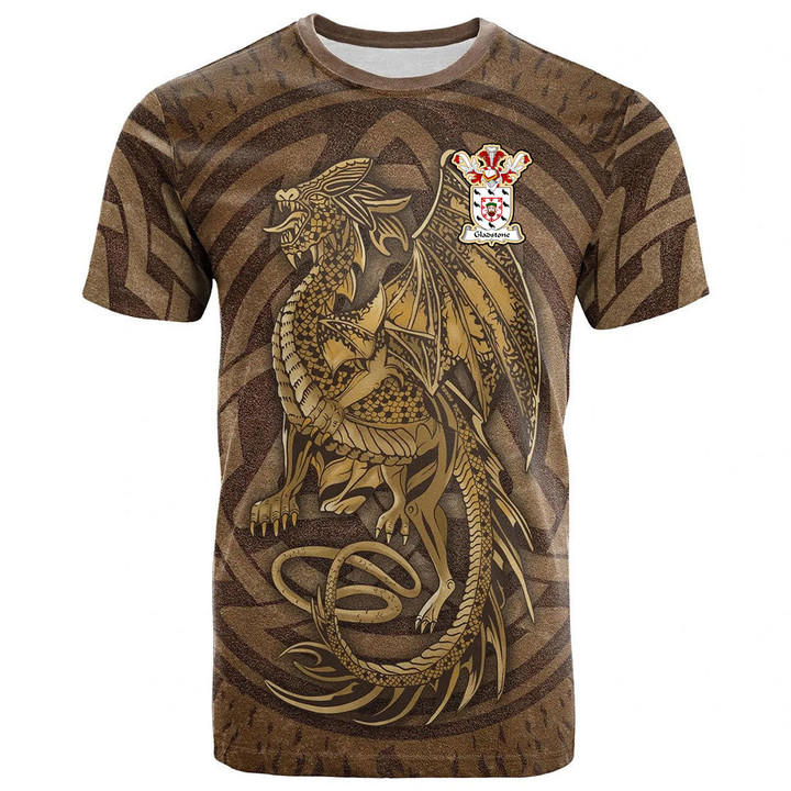 1sttheworld Tee - Gladstone Family Crest T-Shirt - Celtic Vintage Dragon With Knot A7 | 1sttheworld