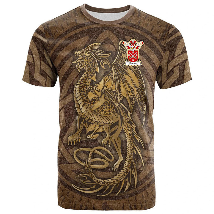 1sttheworld Tee - Kinross Family Crest T-Shirt - Celtic Vintage Dragon With Knot A7 | 1sttheworld