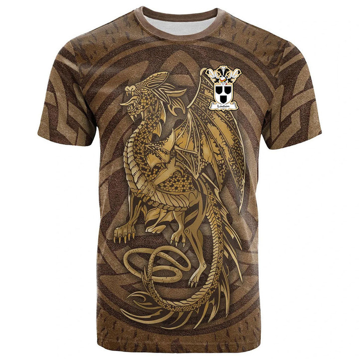 1sttheworld Tee - Loudon or Loudoun Family Crest T-Shirt - Celtic Vintage Dragon With Knot A7 | 1sttheworld