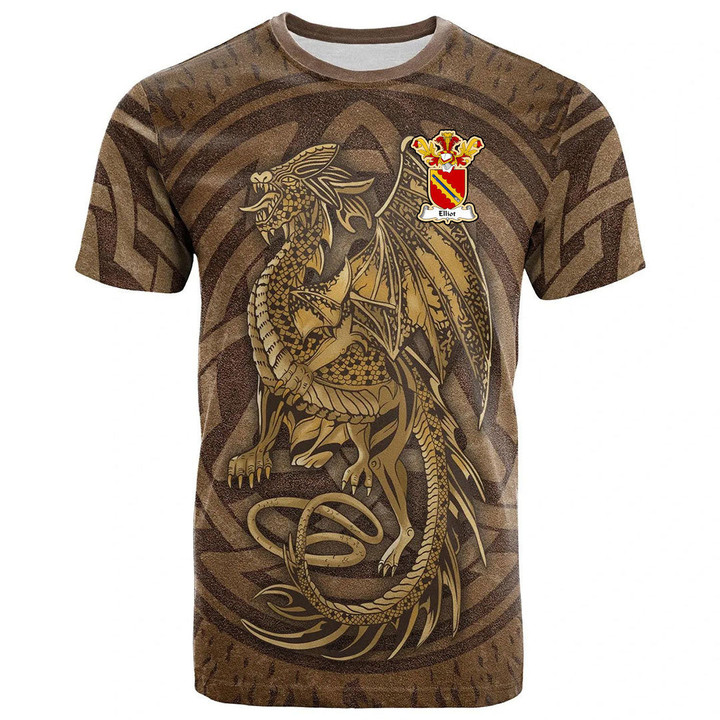 1sttheworld Tee - Elliot II Family Crest T-Shirt - Celtic Vintage Dragon With Knot A7 | 1sttheworld