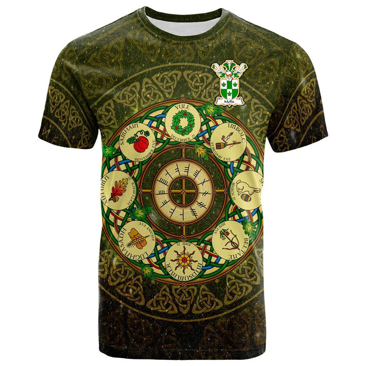 1sttheworld Tee - Mellis Family Crest T-Shirt - Celtic Wheel of the Year Ornament A7 | 1sttheworld