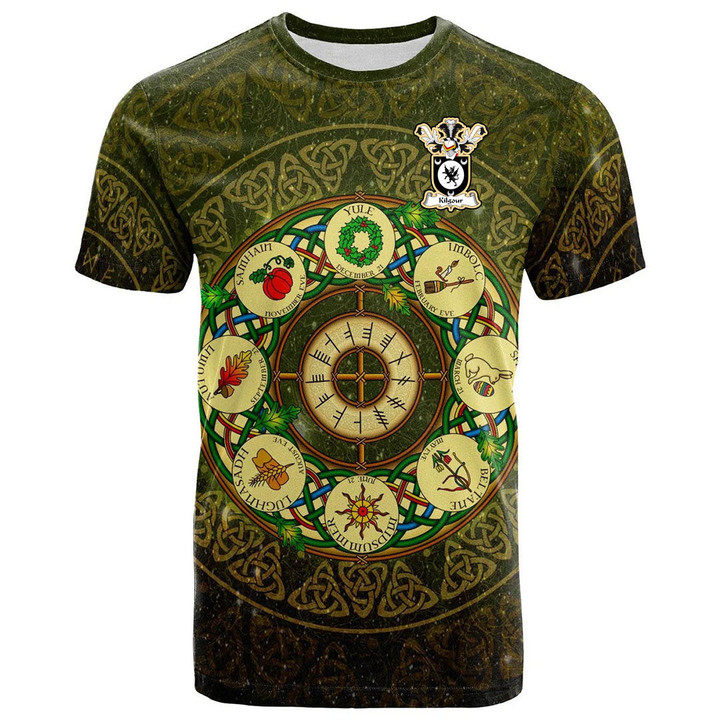 1sttheworld Tee - Kilgour Family Crest T-Shirt - Celtic Wheel of the Year Ornament A7 | 1sttheworld