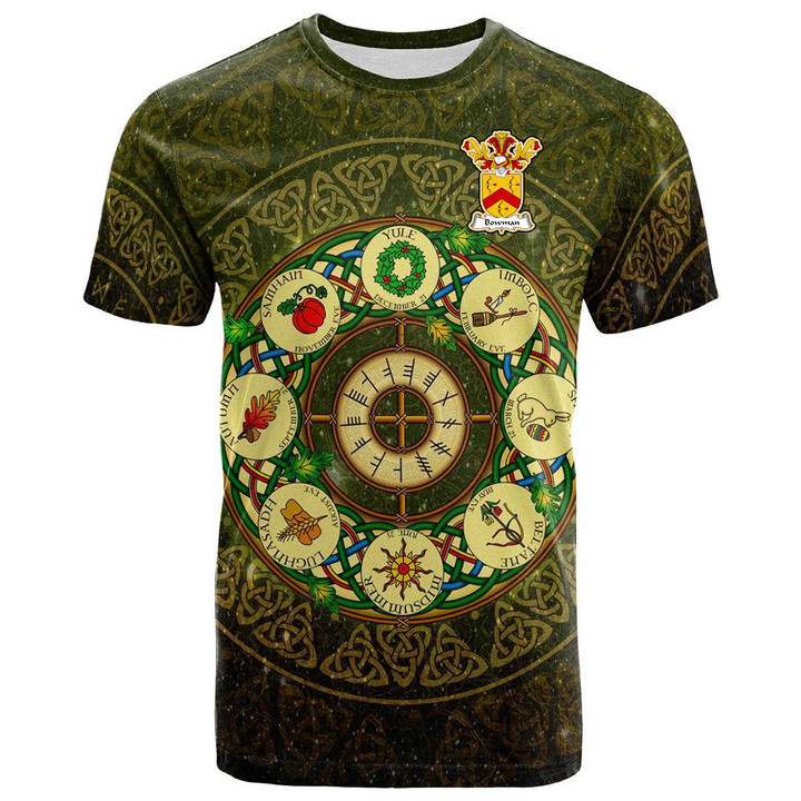 1sttheworld Tee - Bowman Family Crest T-Shirt - Celtic Wheel of the Year Ornament A7 | 1sttheworld