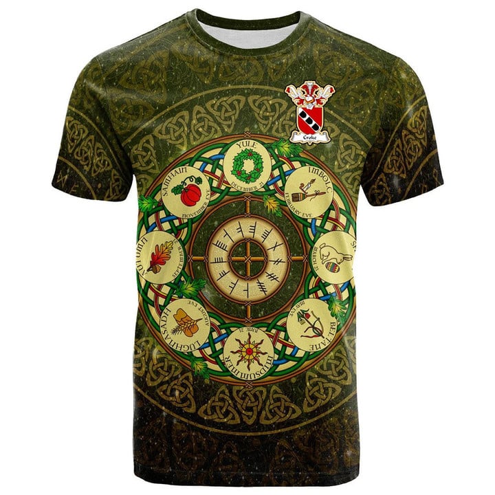 1sttheworld Tee - Croke or Crook Family Crest T-Shirt - Celtic Wheel of the Year Ornament A7 | 1sttheworld