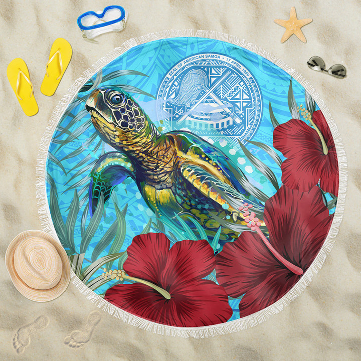 1sttheworld Beach Blanket - American Samoa Turtle Hibiscus Ocean Beach Blanket | 1sttheworld

