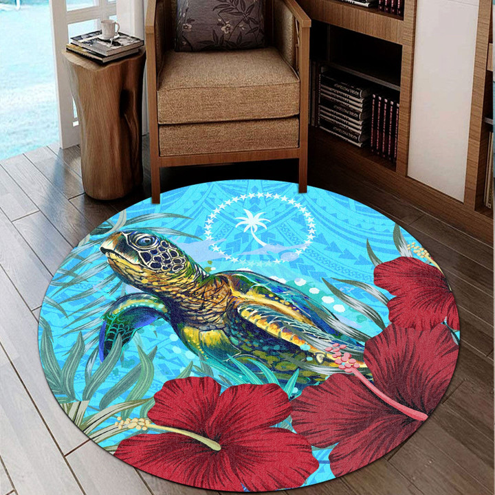 1sttheworld Round Carpet - Chuuk Turtle Hibiscus Ocean Round Carpet | 1sttheworld
