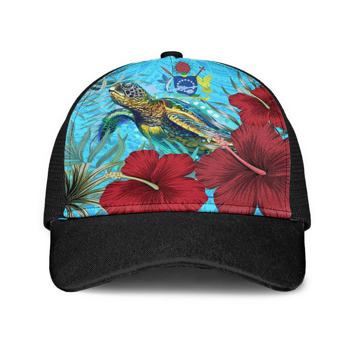 1sttheworld Mesh Back Cap - Cook Islands Turtle Hibiscus Ocean Mesh Back Cap | 1sttheworld
