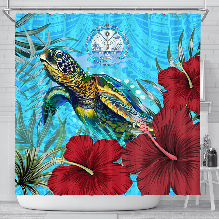 1sttheworld Shower Curtain - Marshall Islands Turtle Hibiscus Ocean Shower Curtain | 1sttheworld
