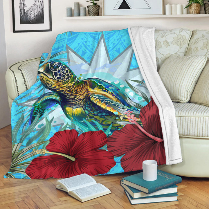 1sttheworld Premium Blanket - Nauru Turtle Hibiscus Ocean Premium Blanket | 1sttheworld
