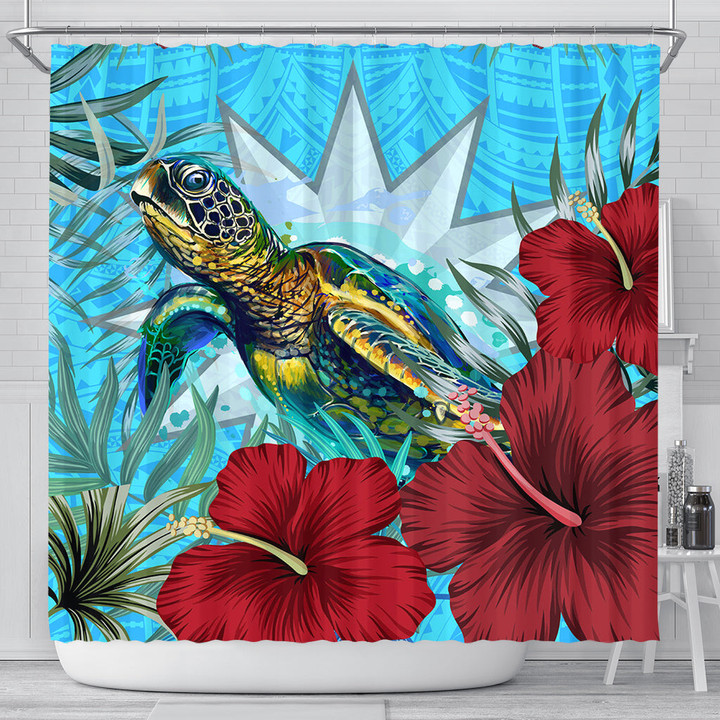 1sttheworld Shower Curtain - Nauru Turtle Hibiscus Ocean Shower Curtain | 1sttheworld
