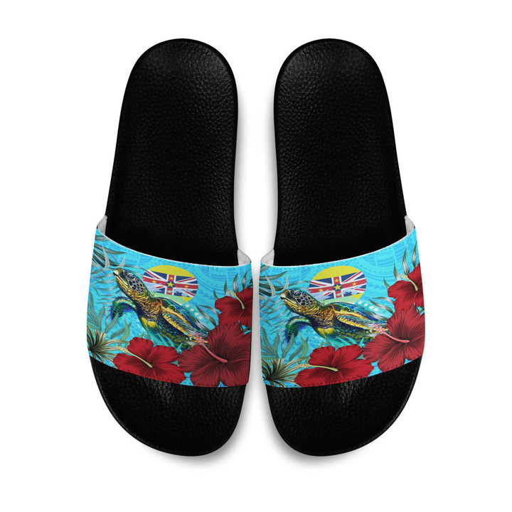 1sttheworld Slide Sandals - Niue Turtle Hibiscus Ocean Slide Sandals | 1sttheworld

