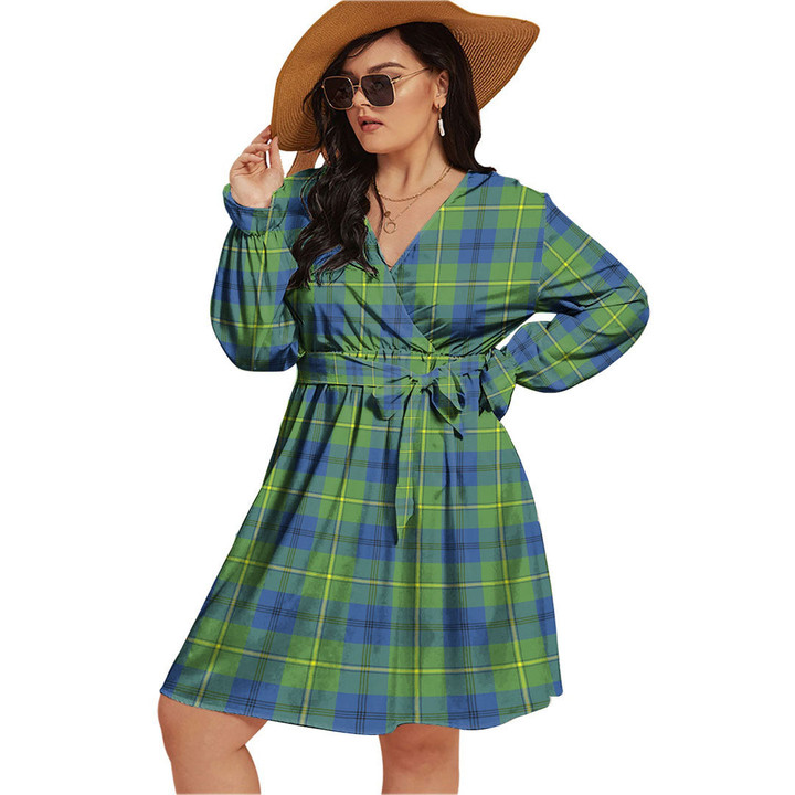 1sttheworld Women's Clothing - MacDonald of the Isles Hunting Ancient Clan Tartan Crest Women's V-neck Dress With Waistband A7 | 1sttheworld
