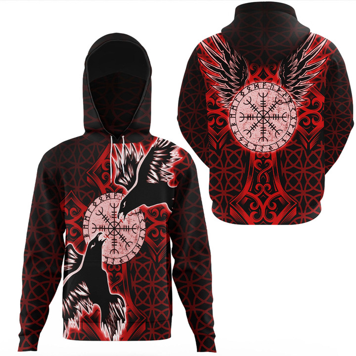 1sttheworld Clothing - Viking Raven and Compass - Red Version - Hoodie Gaiter A95 | 1sttheworld