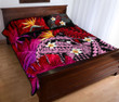 Kanaka Maoli (Hawaiian) Quilt Bed Set, Polynesian Pineapple Banana Leaves Turtle Tattoo Pink A02