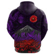 Warriors Rugby Zip Hoodie New Zealand Mount Taranaki With Poppy Flowers Anzac Vibes Purple A7