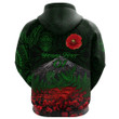 (Custom Personalised) Warriors Rugby Hoodie New Zealand Mount Taranaki With Poppy Flowers Anzac Vibes - Green, Custom Text And Number A7