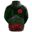 (Custom Personalised) Warriors Rugby Zip Hoodie New Zealand Mount Taranaki With Poppy Flowers Anzac Vibes - Green, Custom Text And Number A7