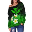 Kanaka Maoli (Hawaiian) Women's Off Shoulder Sweater, Polynesian Plumeria Banana Leaves Green A02