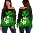 Kanaka Maoli (Hawaiian) Women's Off Shoulder Sweater, Polynesian Plumeria Banana Leaves Green