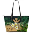 (Custom) Kanaka Maoli (Hawaiian) Leather Tote Bag, Polynesian Plumeria Banana Leaves Gold Personal Signature A02