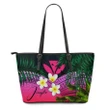 (Custom) Kanaka Maoli (Hawaiian) Leather Tote Bag, Polynesian Plumeria Banana Leaves Pink Personal Signature A02