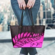 (Custom) New Zealand Leather Tote Bag Silver Fern Kiwi Personal Signature Pink A02