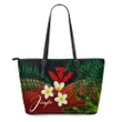 (Custom) Kanaka Maoli (Hawaiian) Leather Tote Bag, Polynesian Plumeria Banana Leaves Red Personal Signature A02