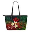 (Custom) Kanaka Maoli (Hawaiian) Leather Tote Bag, Polynesian Plumeria Banana Leaves Red Personal Signature