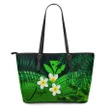 (Custom) Kanaka Maoli (Hawaiian) Leather Tote Bag, Polynesian Plumeria Banana Leaves Green Personal Signature A02