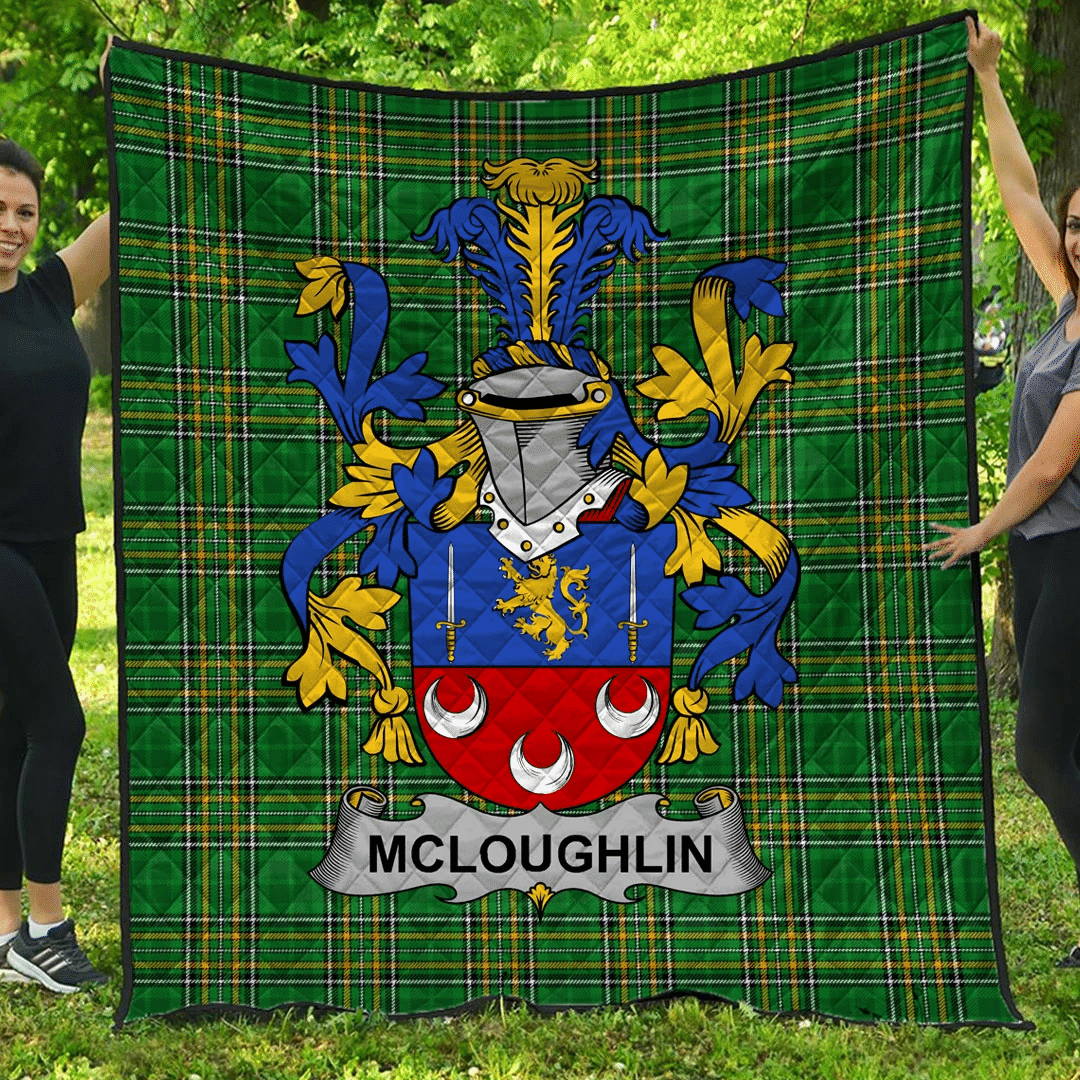 1sttheworld Premium Quilt - Mcloughlin Or Loughlin Irish Family Crest Quilt - Irish National Tartan A7 | 1sttheworld.com