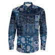Blue Paisley Bandana Kerchief Fabric Patchwork Long Sleeve Button Shirt A31 | 1sttheworld.com
