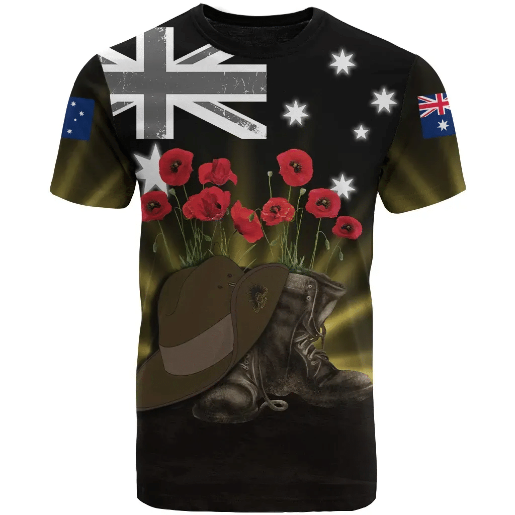 Australia Anzac Day T-Shirt Lest We Forget Hat And Boots Poppies