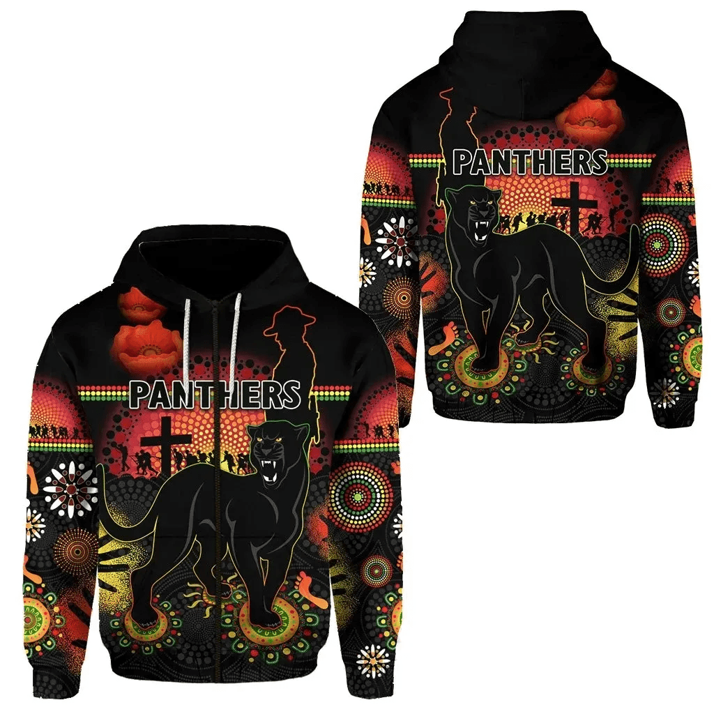 Penrith Zip Hoodie Indigenous Panthers Anzac Day Lest We Forget