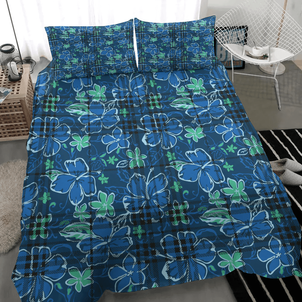 1sttheworld Bedding Set  - Seamless Pattern Hibiscus And Tartan Bedding Set A31