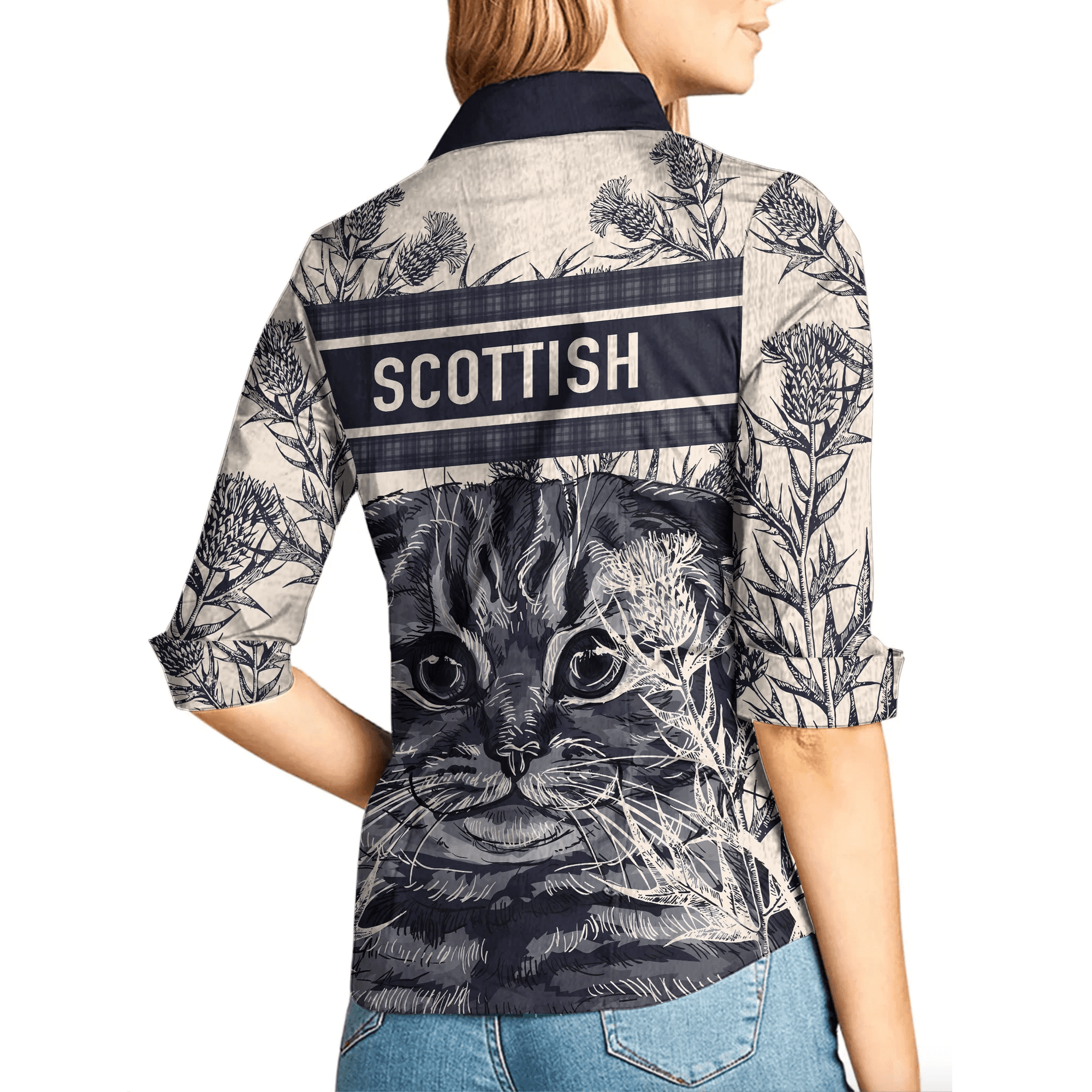 1sttheworld Clothing - Valange Family Crest Women's Casual Shirt Scottish Fold Cat and Thistle Drawing Style A7