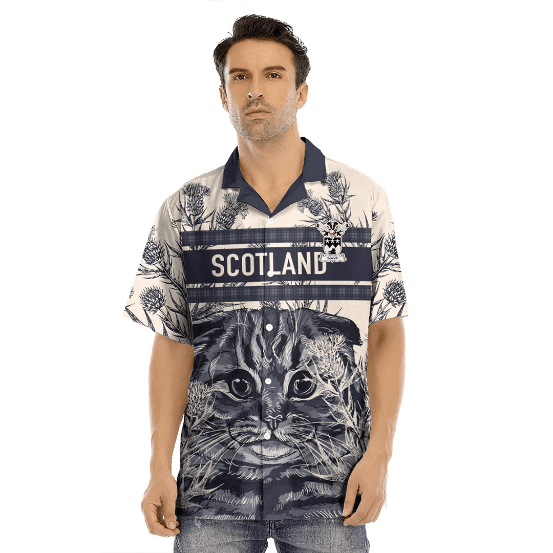 1sttheworld Clothing - Sewell or Shewal Family Crest Hawaiian Shirt Scottish Fold Cat and Thistle Drawing Style A7 | 1sttheworld