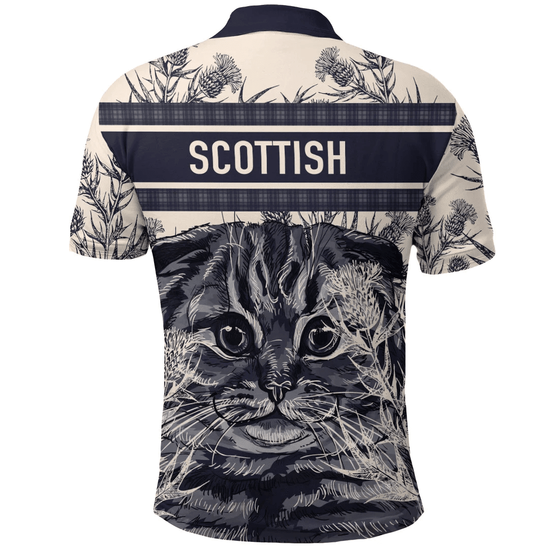1sttheworld Clothing - MacBeath or MacBeth Family Crest Polo Shirt Scottish Fold Cat and Thistle Drawing Style A7