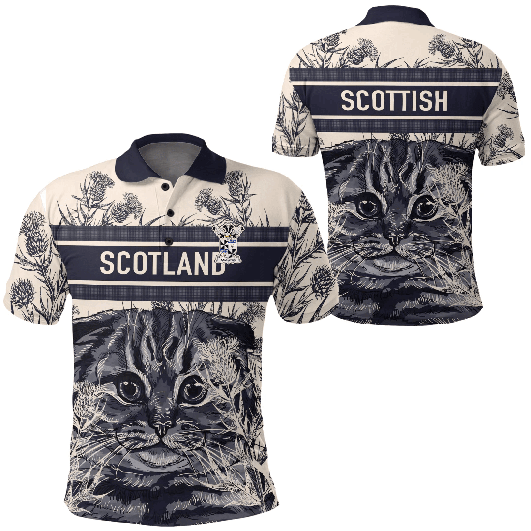 1sttheworld Clothing - MacTavish Family Crest Polo Shirt Scottish Fold Cat and Thistle Drawing Style A7 | 1sttheworld