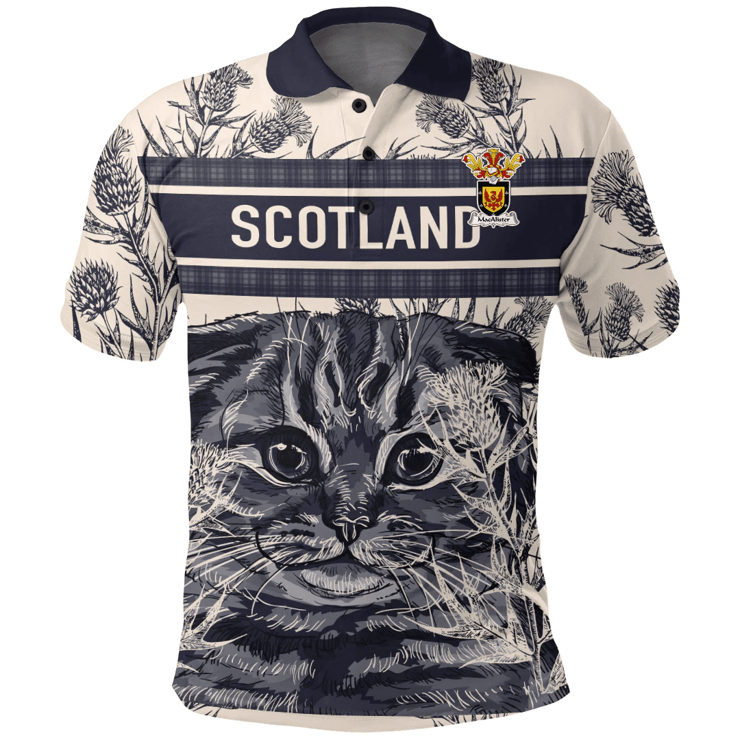 1sttheworld Clothing - MacAlister Family Crest Polo Shirt Scottish Fold Cat and Thistle Drawing Style A7