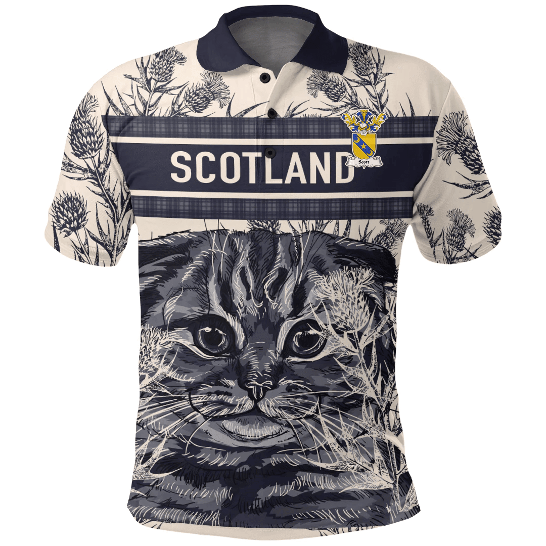 1sttheworld Clothing - Scott Family Crest Polo Shirt Scottish Fold Cat and Thistle Drawing Style A7