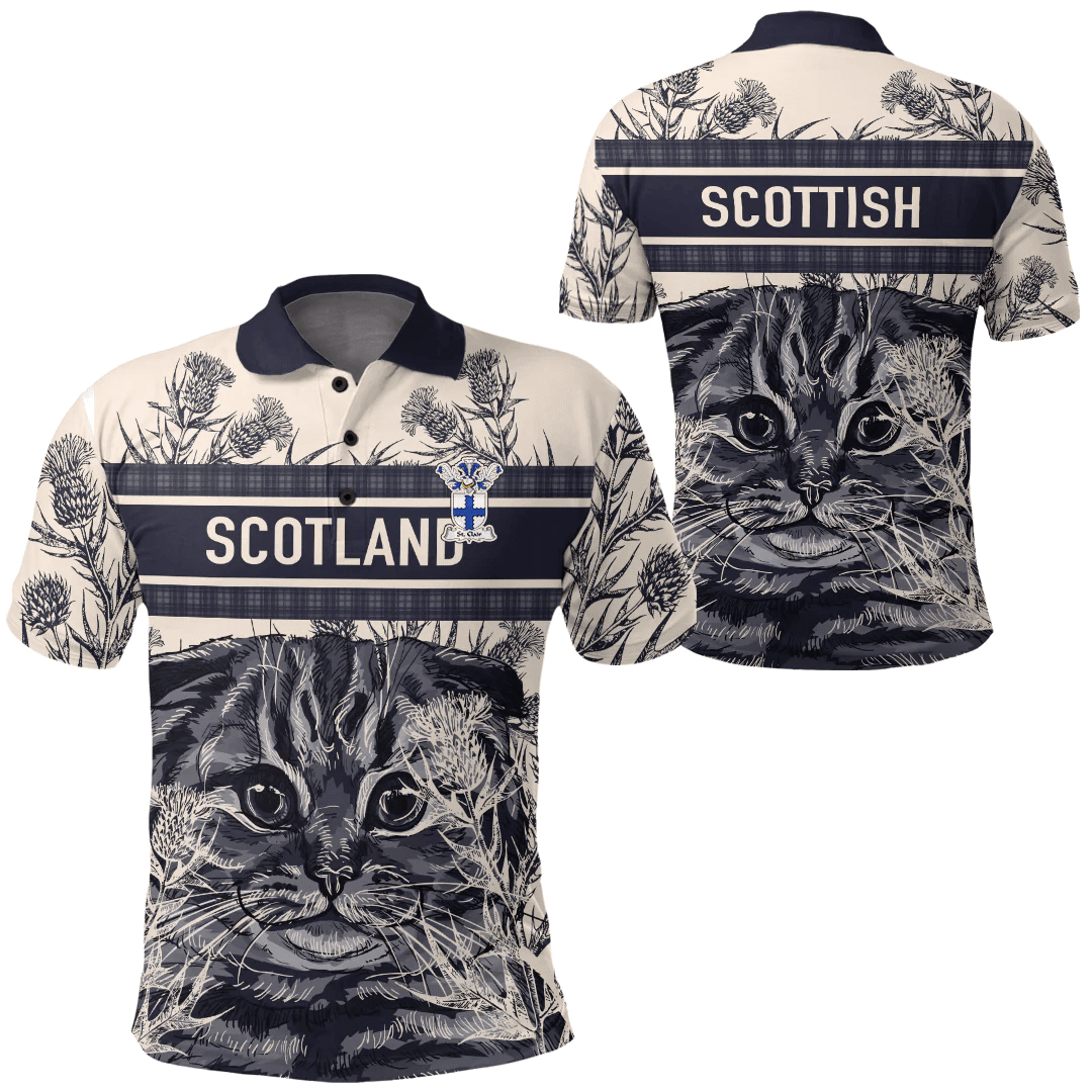 1sttheworld Clothing - St. Clair Family Crest Polo Shirt Scottish Fold Cat and Thistle Drawing Style A7 | 1sttheworld