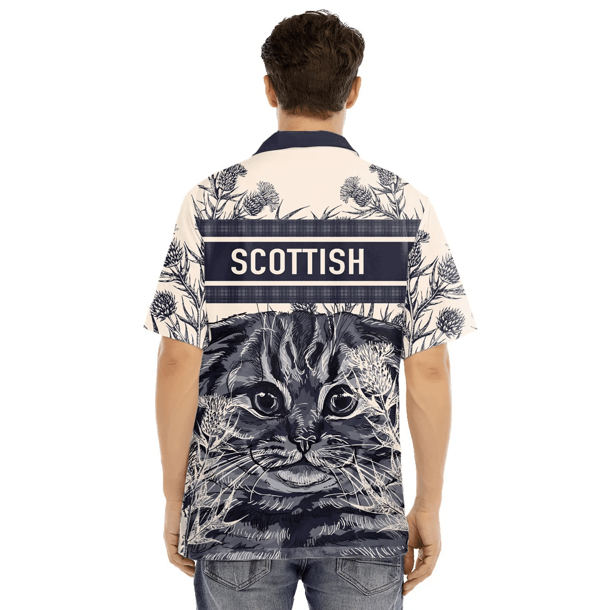 1sttheworld Clothing - Strachan Family Crest Hawaiian Shirt Scottish Fold Cat and Thistle Drawing Style A7