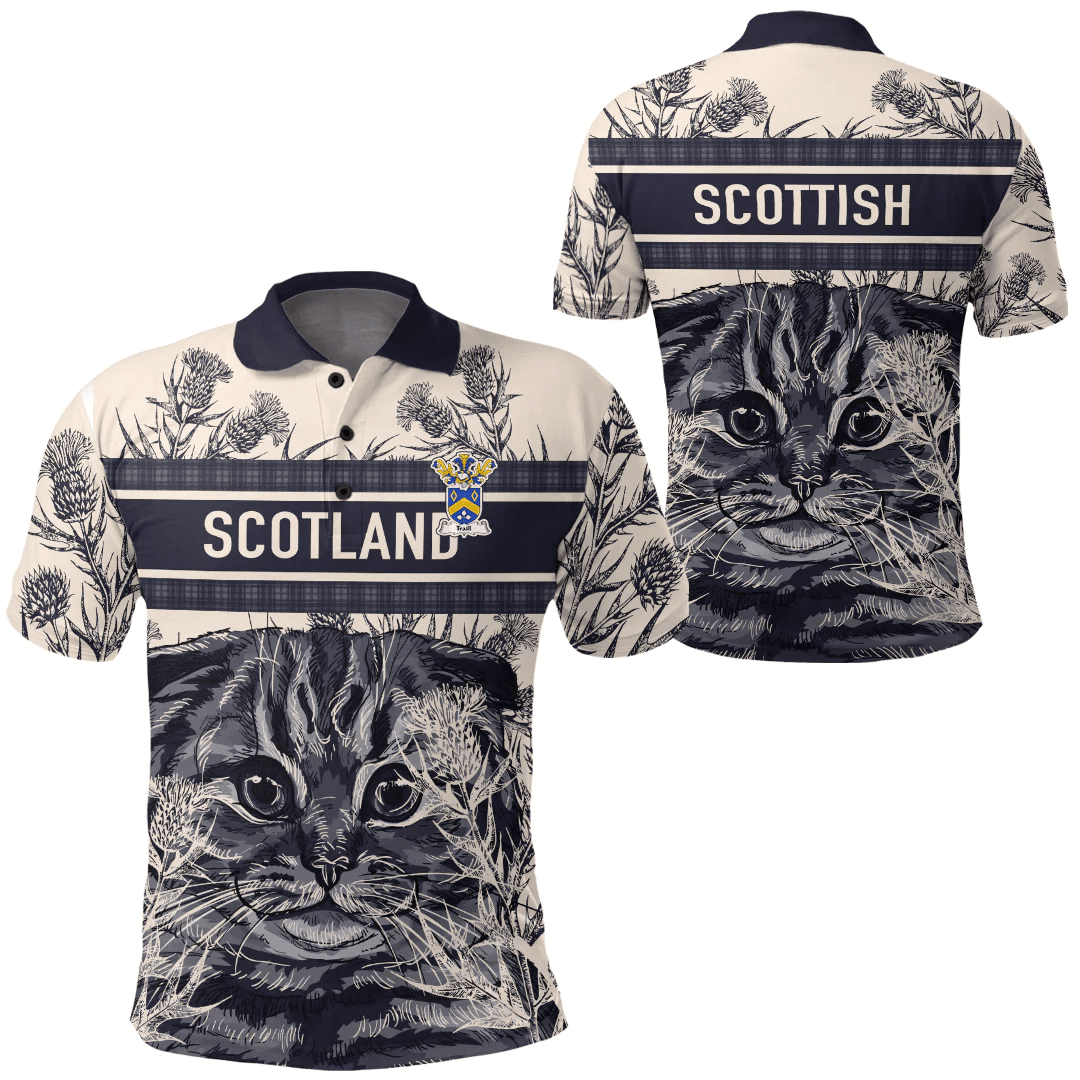 1sttheworld Clothing - Traill Family Crest Polo Shirt Scottish Fold Cat and Thistle Drawing Style A7 | 1sttheworld